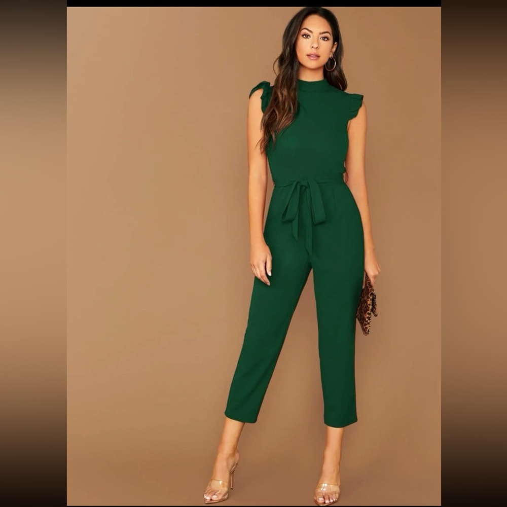 Dark green mock neck medium jumpsuit ruffle armhole evening holiday outfit